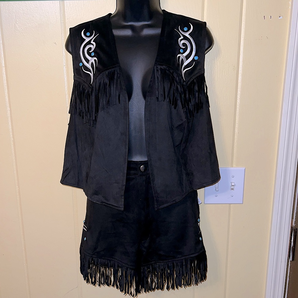 NWT Costume Fringe Cowgirl Vest Shorts W/ Choker White Stitching Blue Rivots XXL - Picture 4 of 13